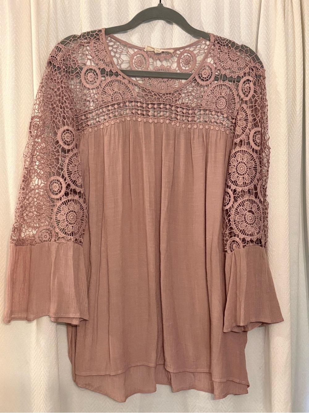 Tan Lace Blouse w/ Bell Sleeves